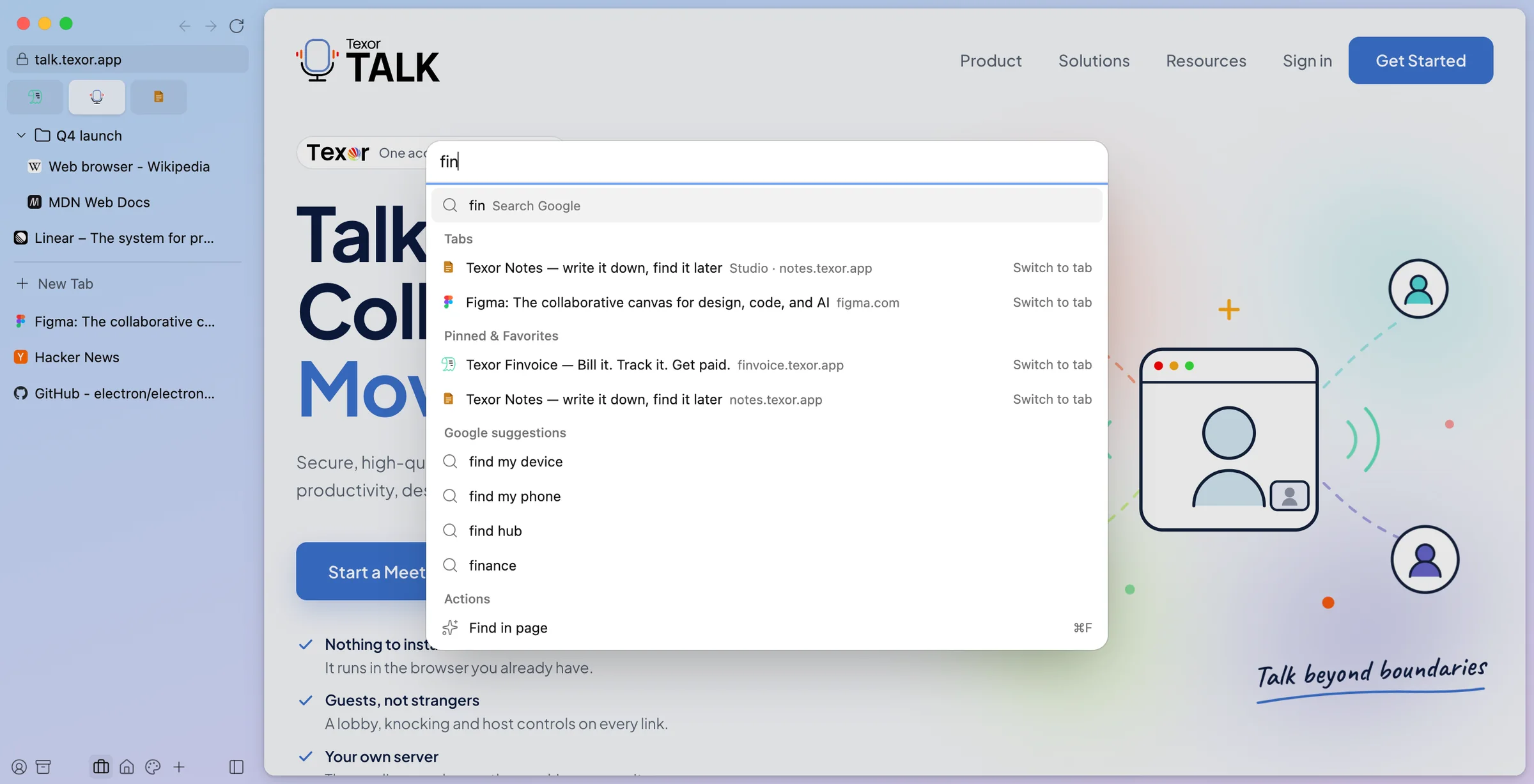 The Vew command bar open over a page, matching tabs, favorites, suggestions and actions for “fin”