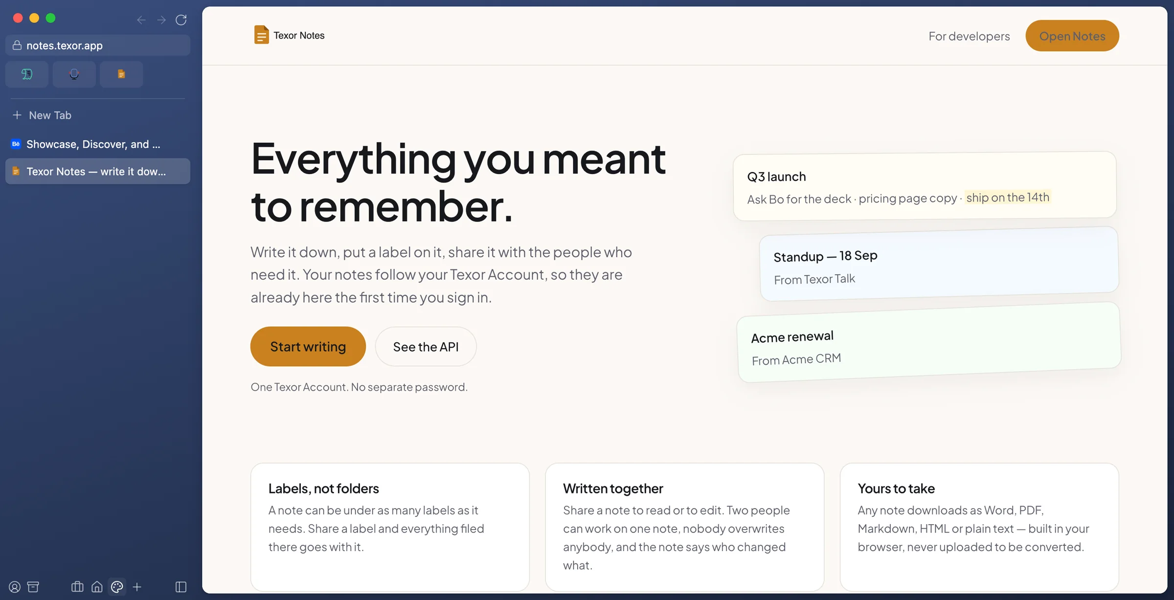 Vew in dark mode with a deep blue Studio Space open on Texor Notes