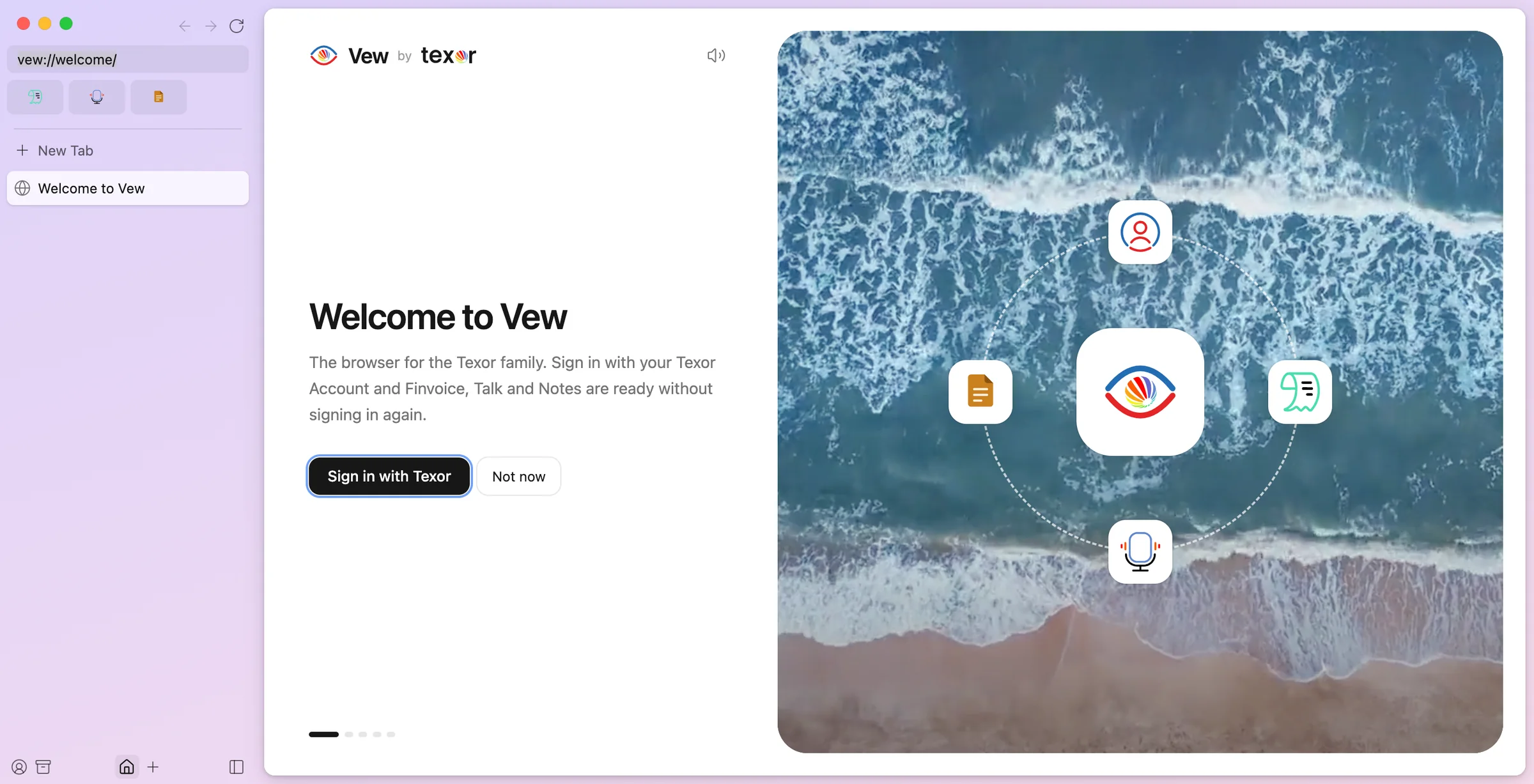Vew's welcome screen offering Sign in with Texor over an ocean video
