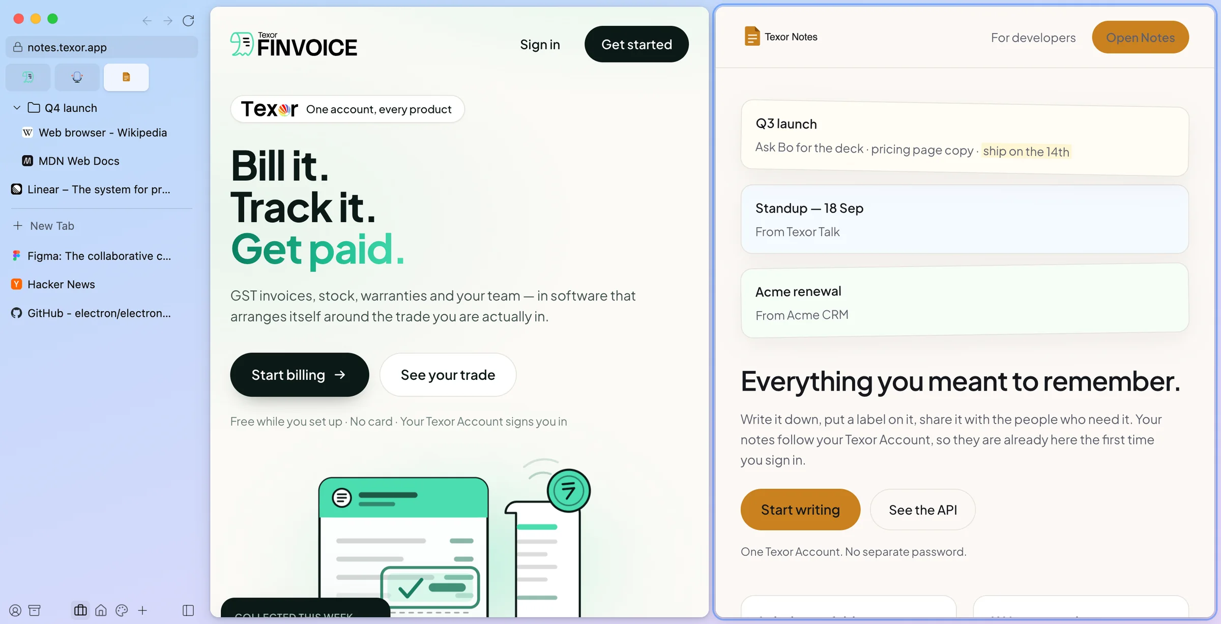 Vew in split view with Texor Finvoice on the left and Texor Notes on the right
